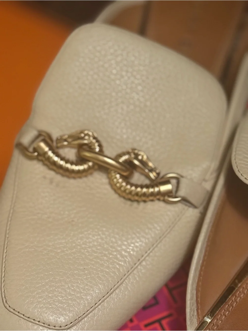 Tory Burch Cream Leather Chain-Trim Mules